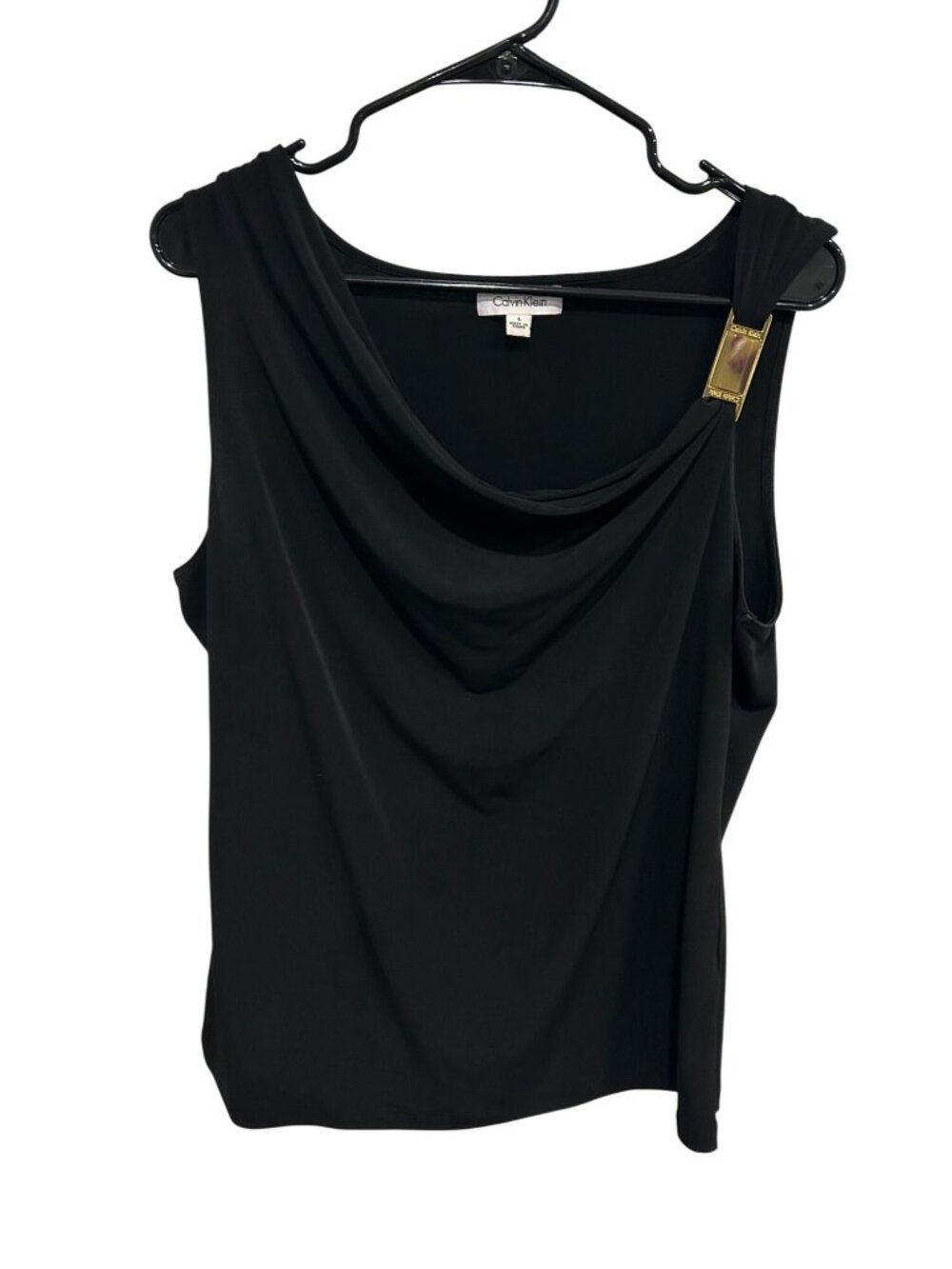Calvin Klein Black Draped Sleeveless Top Size Large Gold Accent Minimalist Glam